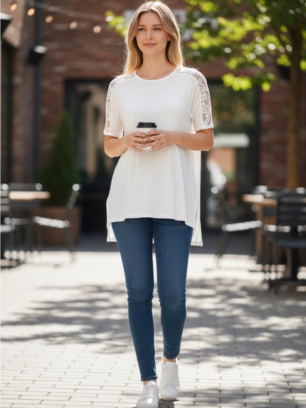 Zenana Outfitters White Lace Shoulder Tunic - Picture 4 of 7